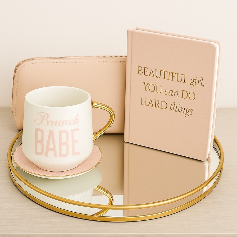 Pink 'Brunch Babe' Mug with Gold-Trim Tray